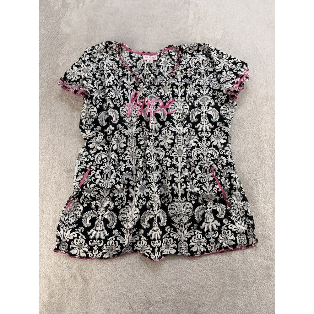 Koi Scrub Top Womens XL Black White Short Sleeve Floral